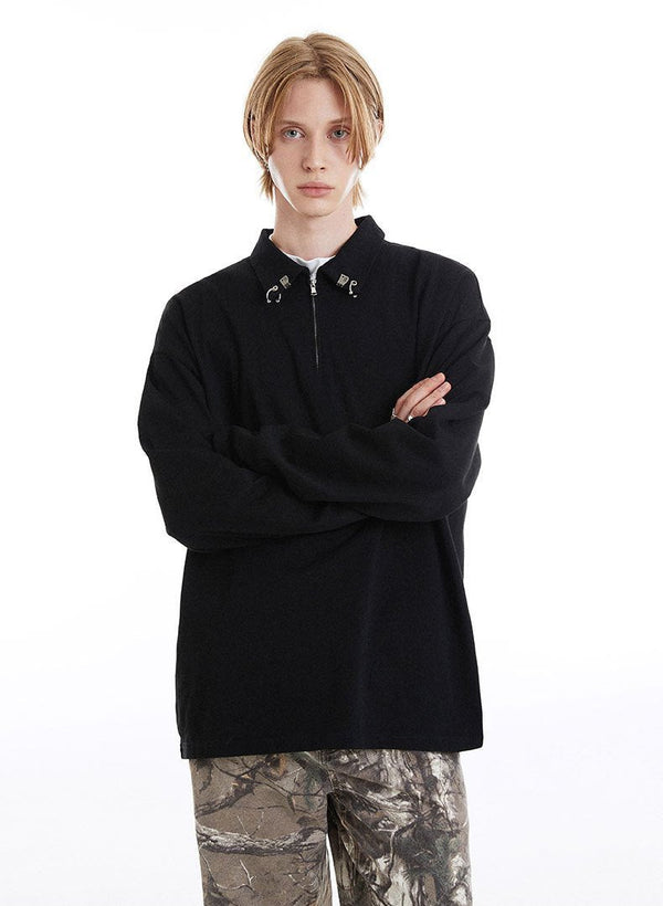 Zipper-Trim Collar Edge Woven Top