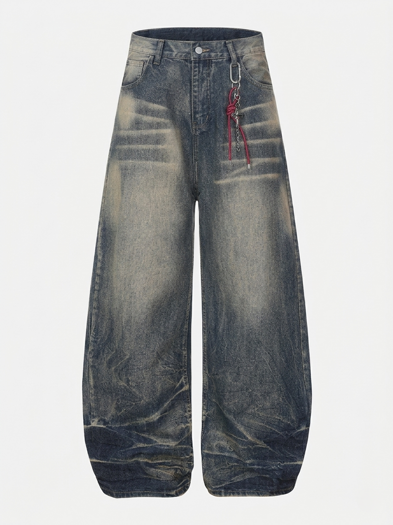 Yıkanmış Taşlamalı Baggy Bol Paça Jean Pantolon, arka görünüm — Navra Wear