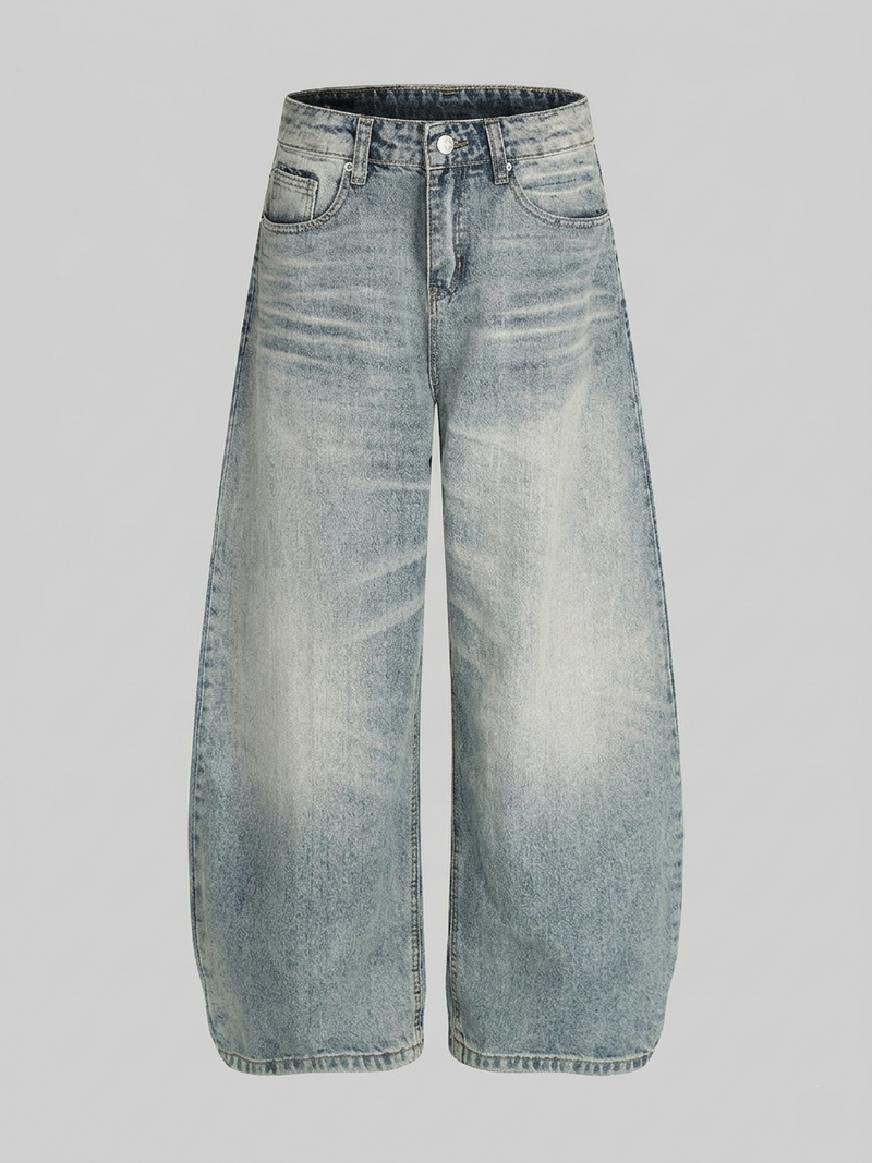 Yıkanmış Taşlamalı Baggy Bol Paça Jean Pantolon, arka görünüm — Navra Wear