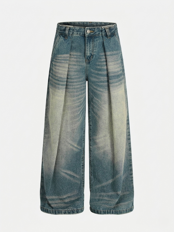 Yıkanmış Taşlamalı Buruşuk Jean Pantolon, yan görünüm — Navra Wear