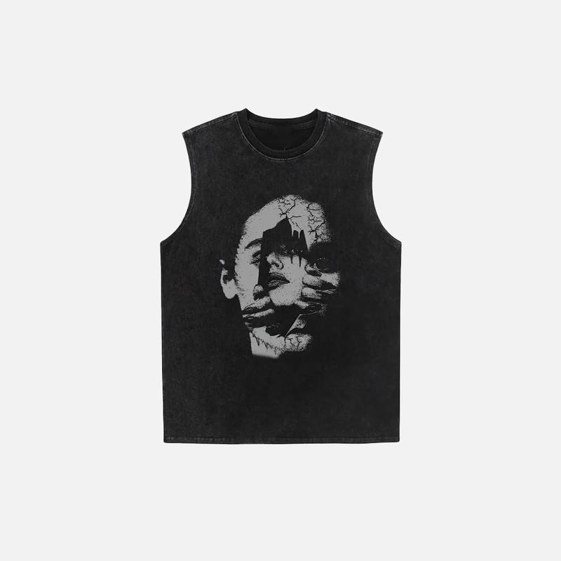 Air-Light Nostalgia Visual Print Oversized Sleeveless T-Shirt