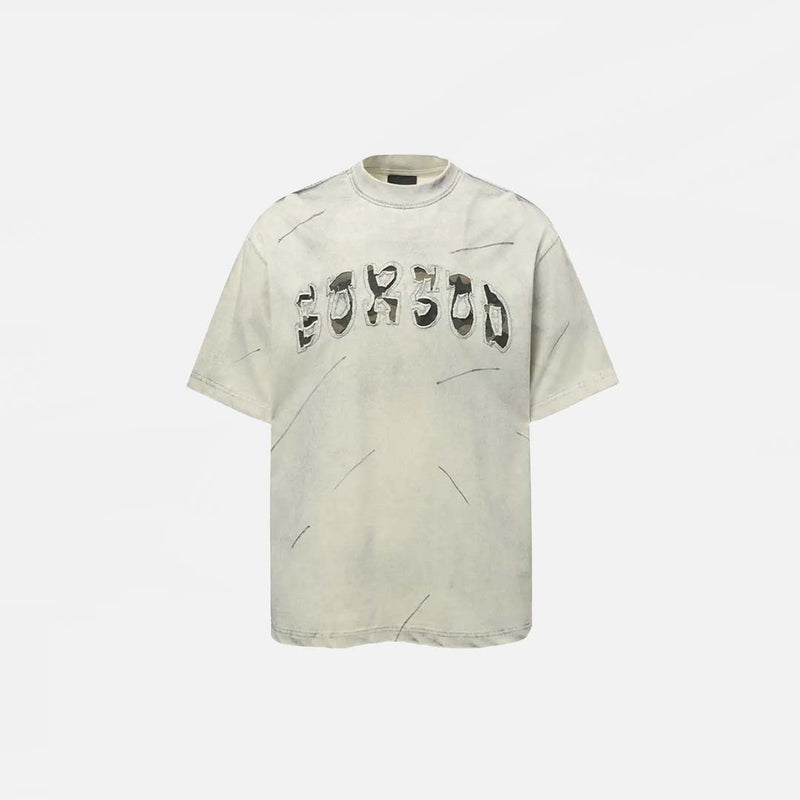 Front view of the grey Embroidered Patch Punk T-Shirt in a gray background