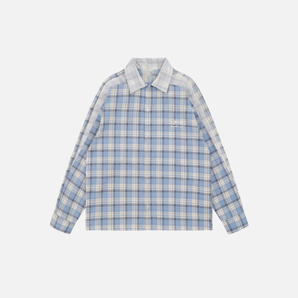 Mesh-Panel Embroidered Plaid Lapel Top