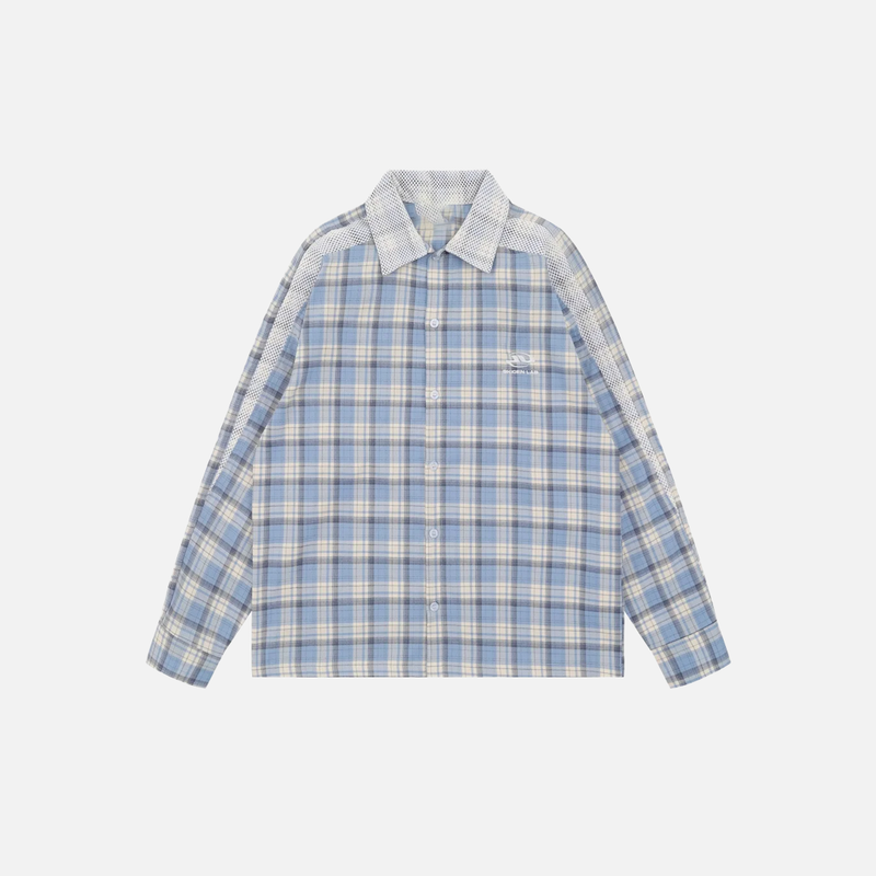 Mesh-Panel Embroidered Plaid Lapel Top