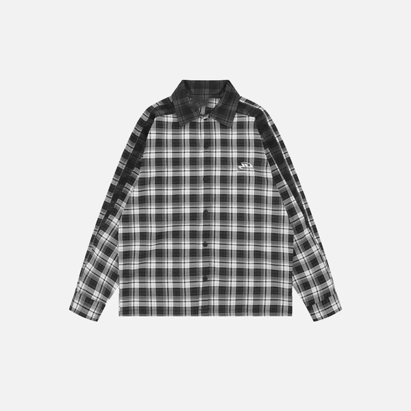 Mesh-Panel Embroidered Plaid Lapel Top alternatif görünüm