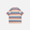 Front view of the pink Pastel Rainbow Stripes T-shirt in a gray background