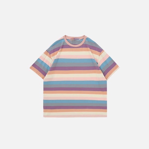 Front view of the pink Pastel Rainbow Stripes T-shirt in a gray background