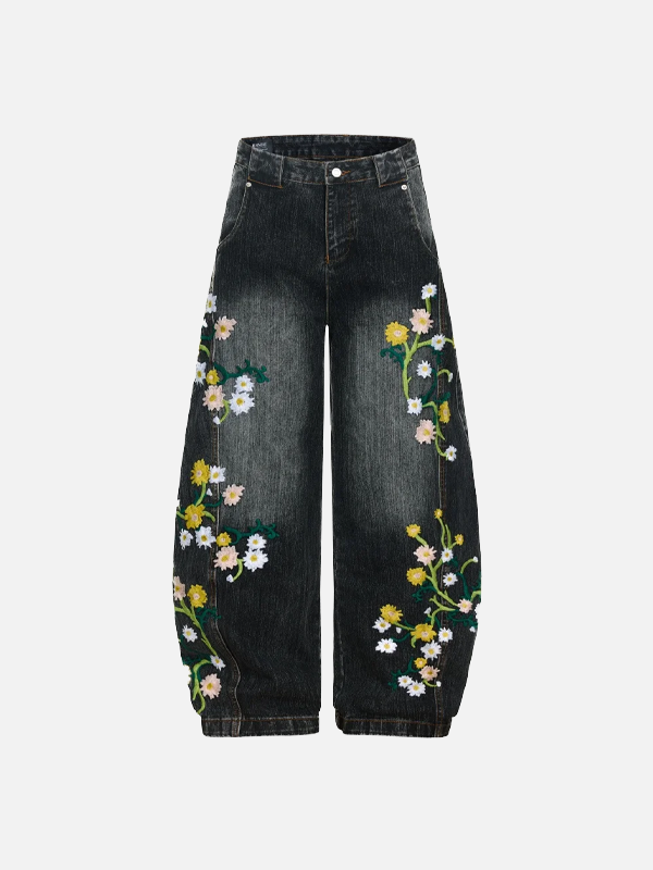Modern Faded Flower Banana Bell Leg Denim alternatif görünüm