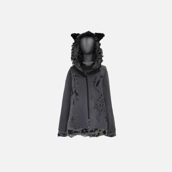 Dark Cat Ear Faded Grunge Sweatshirt alternatif görünüm