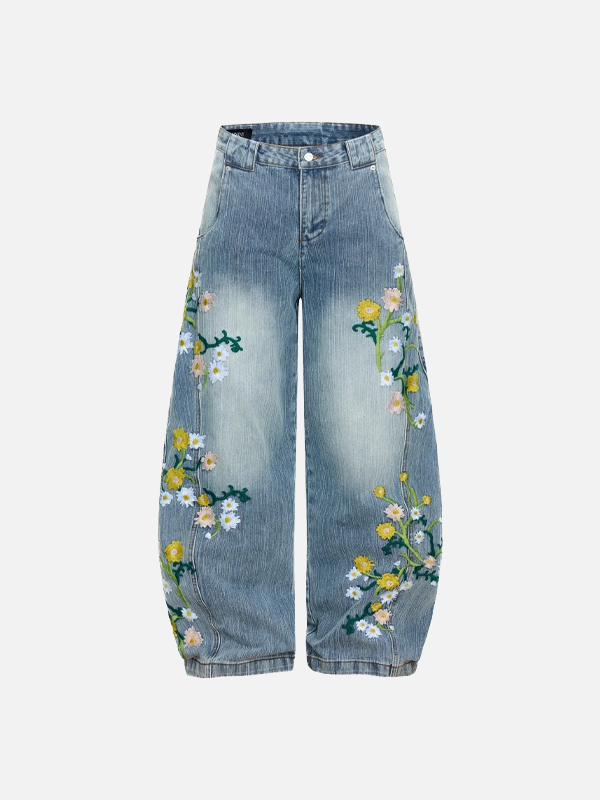 Modern Faded Flower Banana Bell Leg Denim