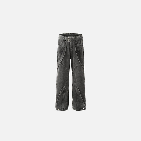 Front view of the black Utility Belted Wide-Leg Denim Jeans in a gray background