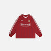 Front view of the red Epic Rivalry T-shirt in a gray background