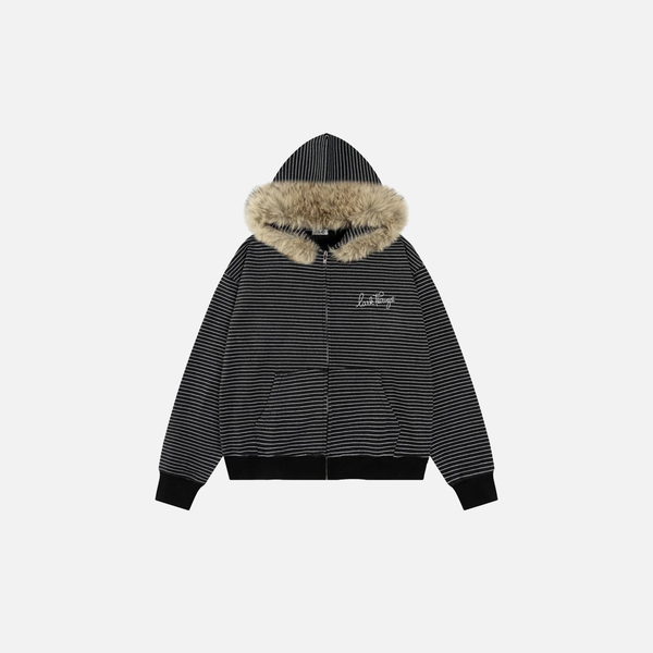 Stripe Fur Fleece Hood Sweatshirt alternatif görünüm