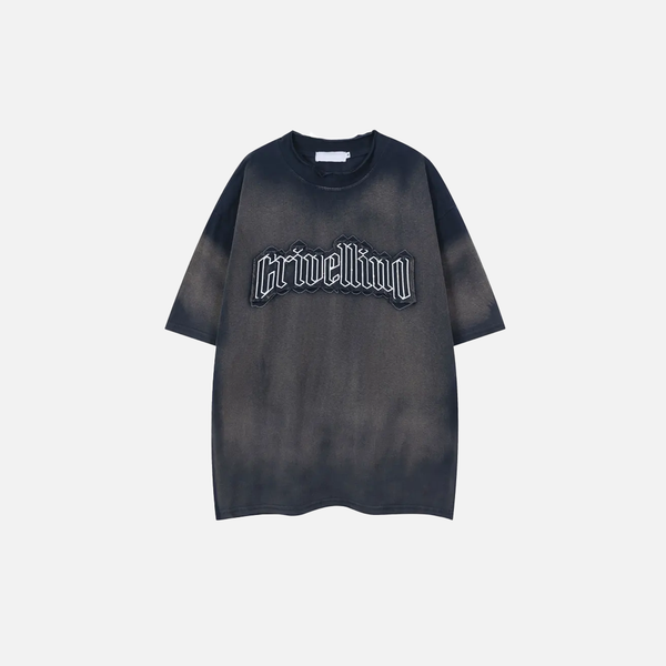 Oversized Street-Culture Grit-Style Stitch-Craft Patch T-Shirt alternatif görünüm