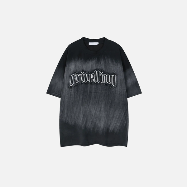 Oversized Street-Culture Grit-Style Stitch-Craft Patch T-Shirt