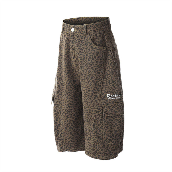 Wild Print Wide Leg Denim Shorts alternatif görünüm