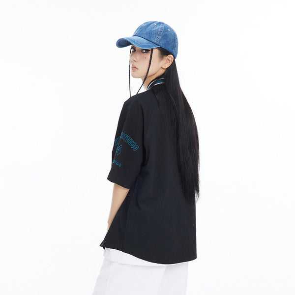 Baseball Stitch Embroidered Collar Top alternatif görünüm