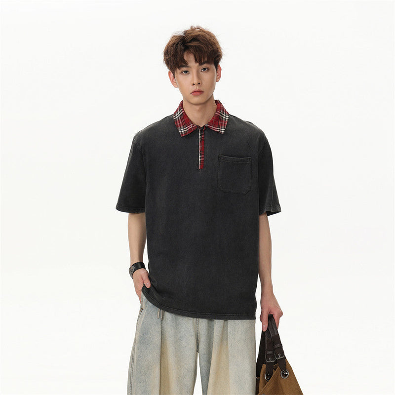 Off-Duty Plaid Bright-Days Half-Zip Sport-Collar T-Shirt