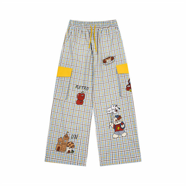 Cartoon Stitch Plaid Wide-Leg