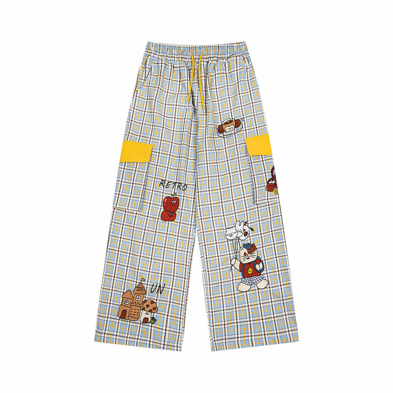 Cartoon Stitch Plaid Wide-Leg