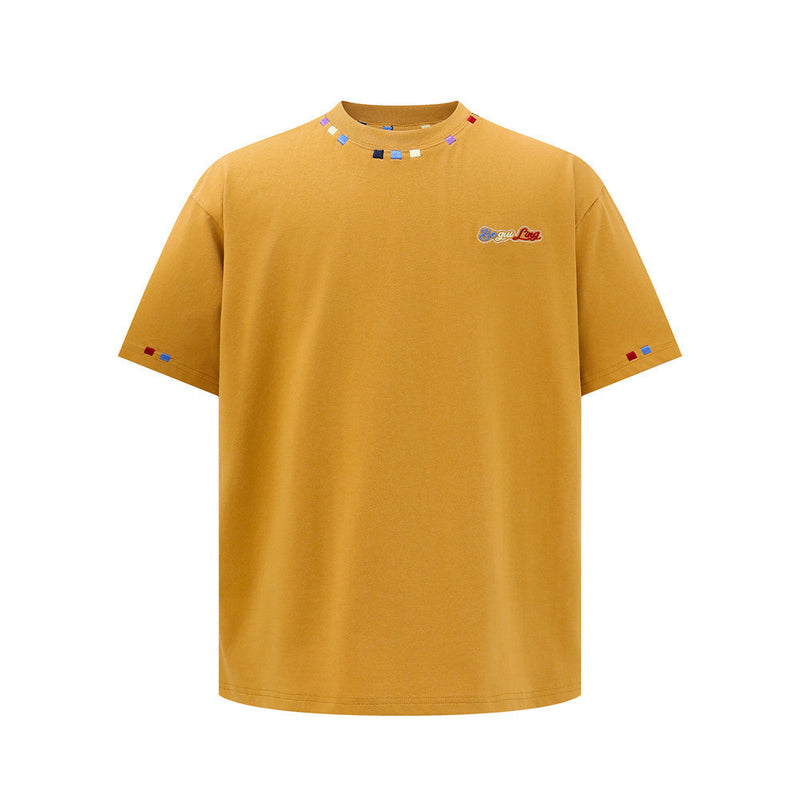 Color Block Thread-Work Now-Style Crewneck T-Shirt