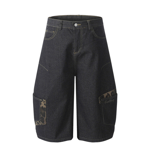 Wild Print Wide Leg Denim Shorts alternatif görünüm
