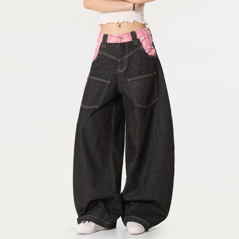 2000s Chic Plaid Mosaic Bell Leg Relaxed Denim