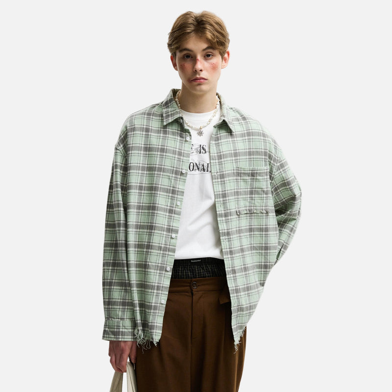 Crimson Check Fringe-Hem Cotton Shirt