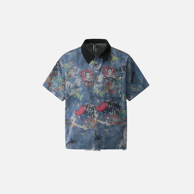 Denim Graffiti Print Oversized Vintage Top