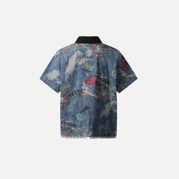 Denim Graffiti Print Oversized Vintage Top alternatif görünüm