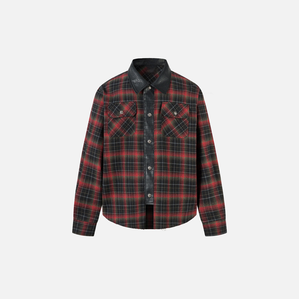 Leather-Touch Plaid Single Breasted Shirt