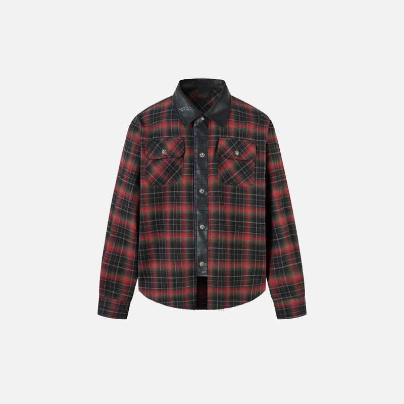 Leather-Touch Plaid Single Breasted Shirt