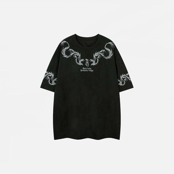 Front view of the black Vintage Oversized Embroidered T-Shirt in a gray background