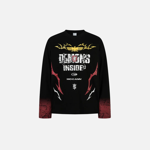 Durable Raw-Edge Illustrated Patterned Long Sleeve T-Shirt