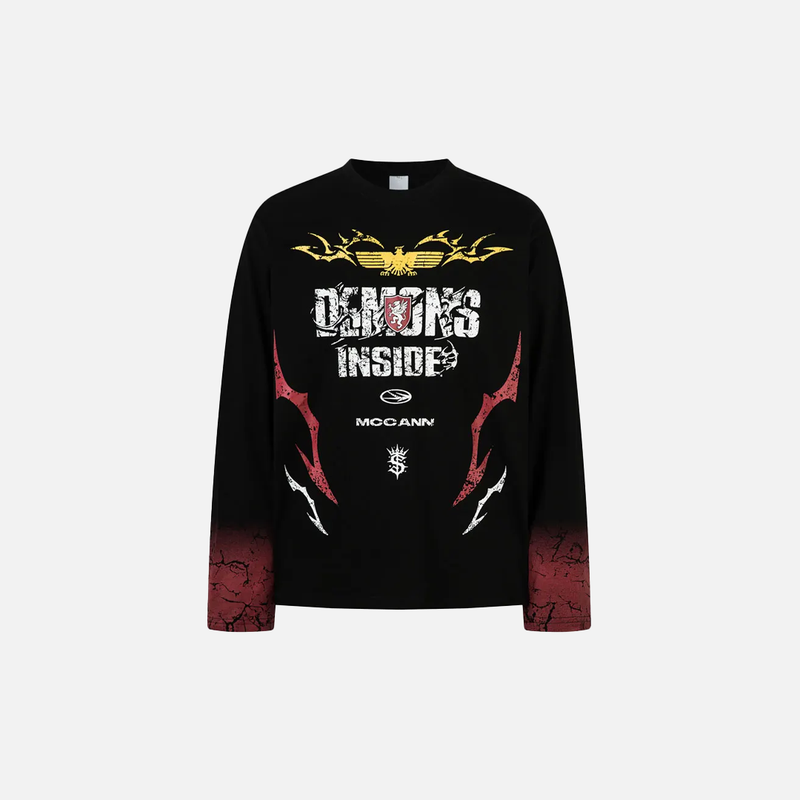 Durable Raw-Edge Illustrated Patterned Long Sleeve T-Shirt