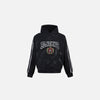 Front view of the black BlackAir Crest Hoodie in a gray background