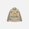 Front view of the beige Striped Graphic Button-Up Shirt in a gray background