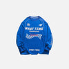 Front view of the blue Oversized Racing Loose Sweatshirt in a gray background