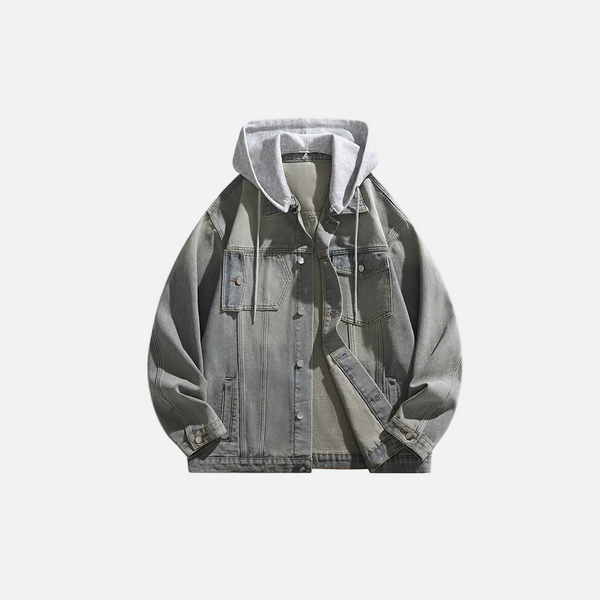 Solid Fold-Down Hooded Denim Jacket alternatif görünüm