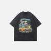 Front view of the black Loose Washed Japanese Printed T-Shirt in a gray background 