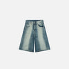 Front view of the blue Y2k Women's Distressed Washed Jorts in a gray background 