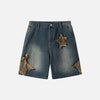 Front view of the blue Vintage Rip Patch Denim Shorts in a gray background