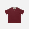 Front view of the red Loose Side Striped Embroidery T-shirt T-shirt in a gray background