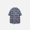 Front view of the blue Vintage Plaid Ripped Shirt in a gray background 