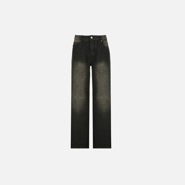 Front view of the black Rebel Thigh-Slash Jeans in a gray background