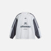 Front view of the gray Patchwork Long Sleeve T-shirt in a gray background
