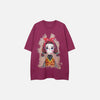 Front view of the rose red Y2K Whimsical Doll T-shirt in a gray background