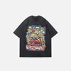 Front view of the black Loose Mario Car Print T-shirt in a gray background 