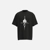 Front view of the black Celestial Bloom T-shirt in a gray background