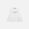 Front view of the white Graphic Text Long Sleeve T-shirt in a gray background